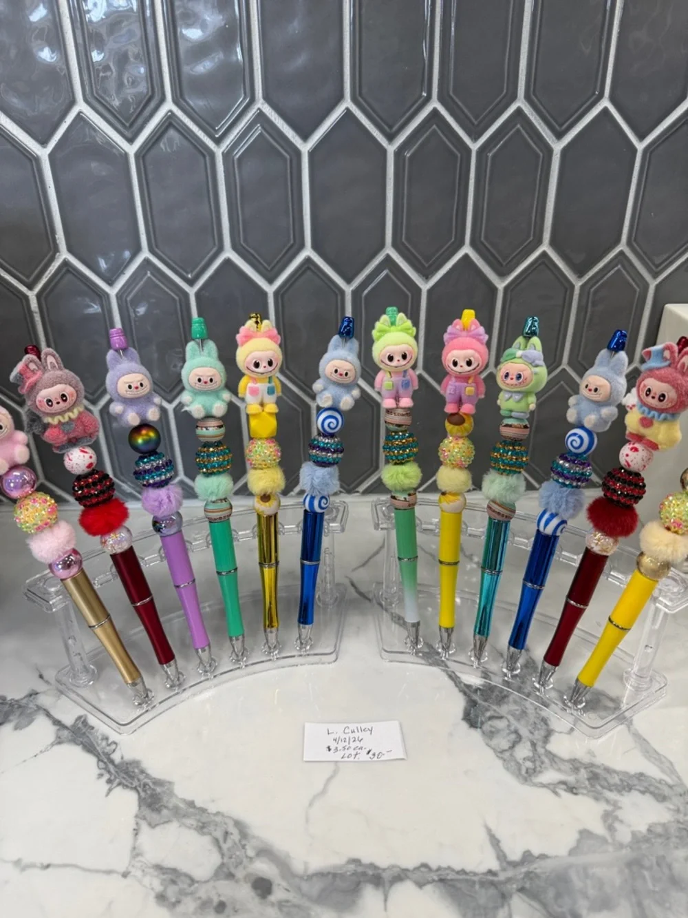 Whimsical Fuzzy Assorted Pastel Colored LaBubu beaded pens.